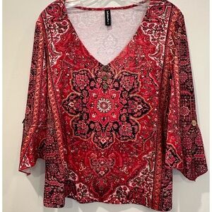 Cato Red and Black Floral V-Neck Blouse